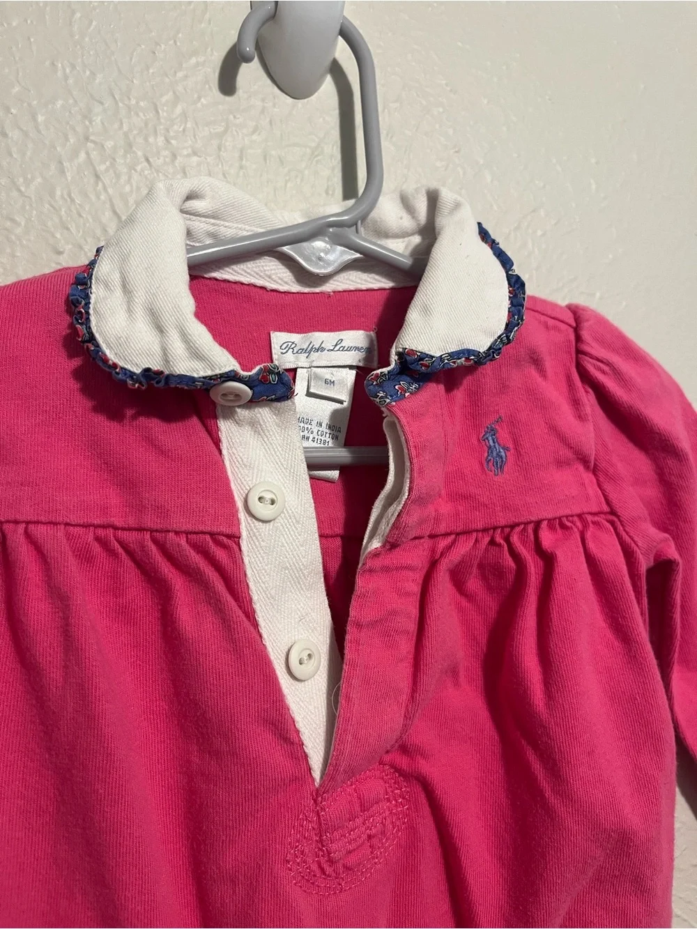 Vintage Ralph Lauren Girl Romper Long Sleeve Pink 6M 100% Cotton Ruffle Collar